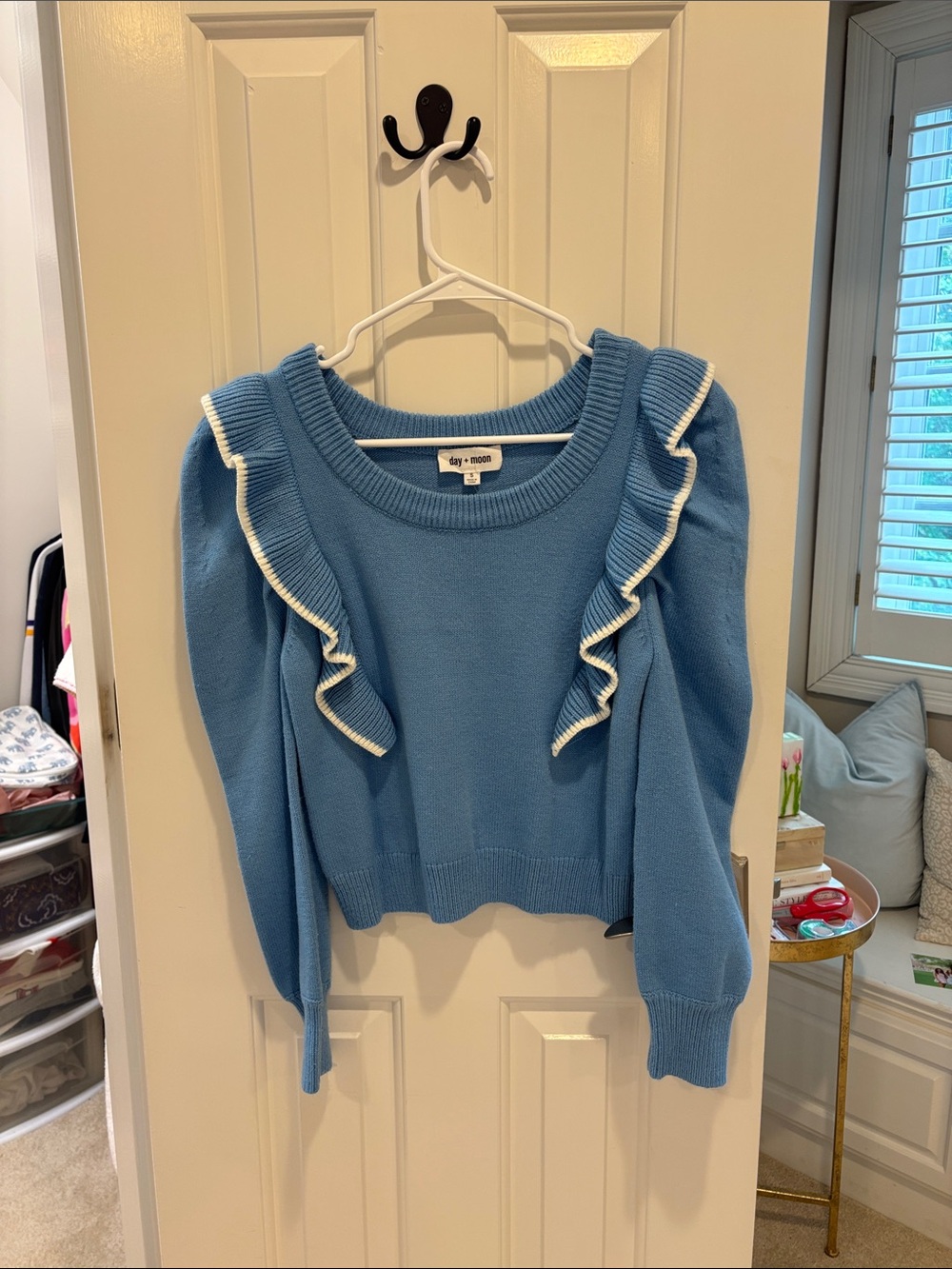 Light Blue Ruffle Trim Sweater